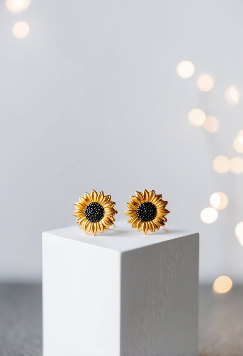 A pair of sunflower motif earrings displayed on a white, minimalist background with soft lighting