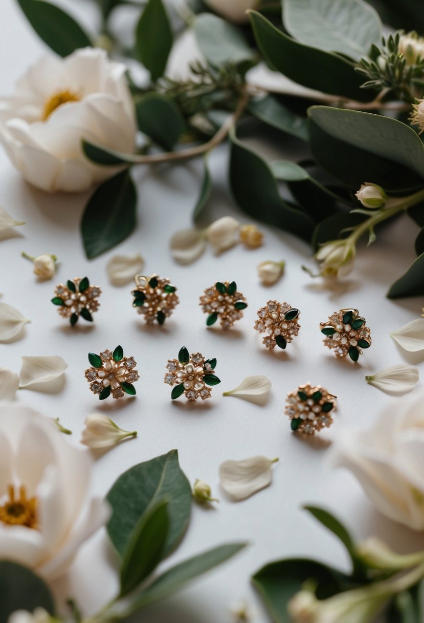 A table scattered with delicate petals and foliage, alongside a collection of custom handcrafted floral studs, inspired by wedding earring ideas