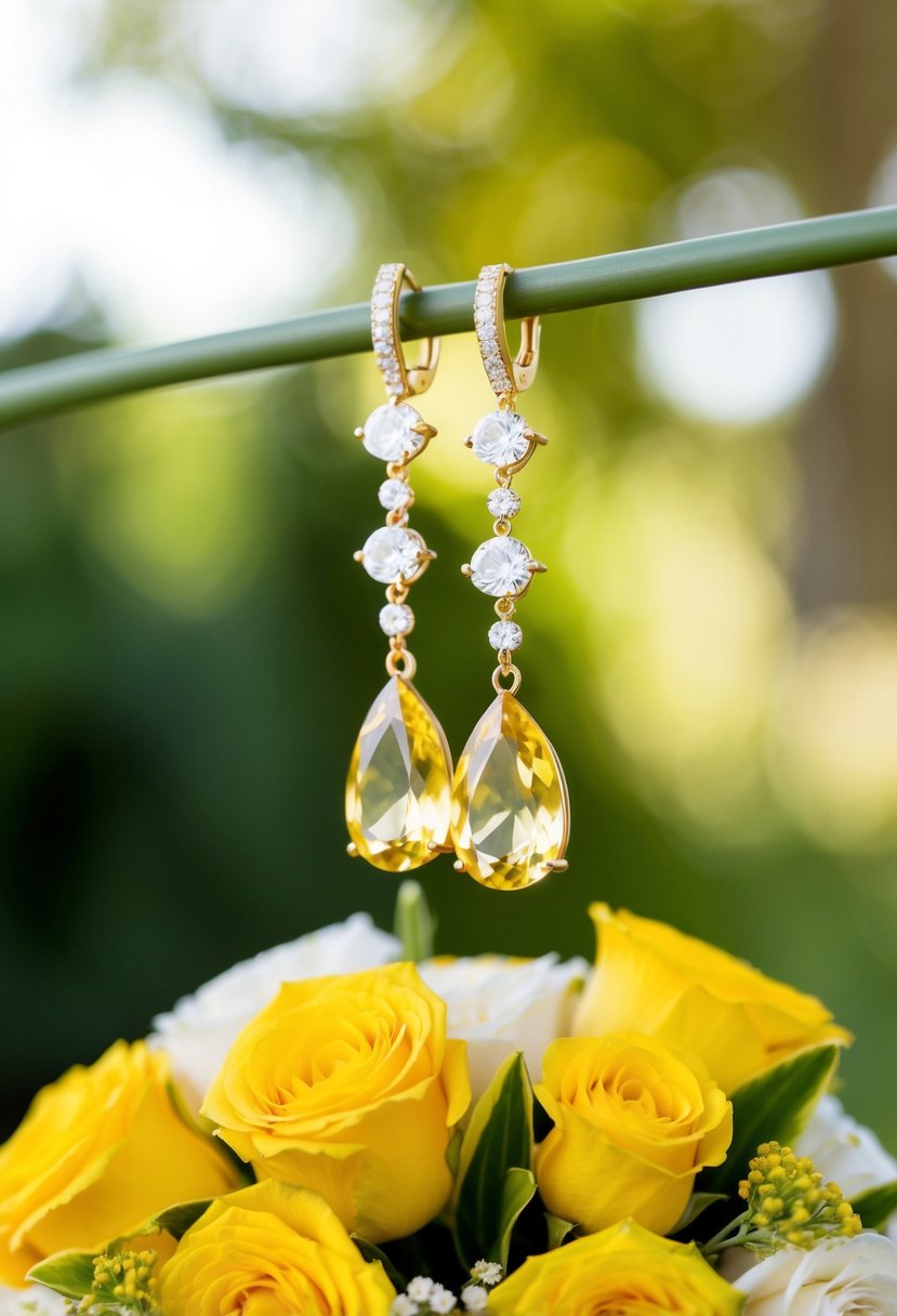 A Lemon Topaz Chandelier earring hangs from a yellow wedding bouquet, catching the light