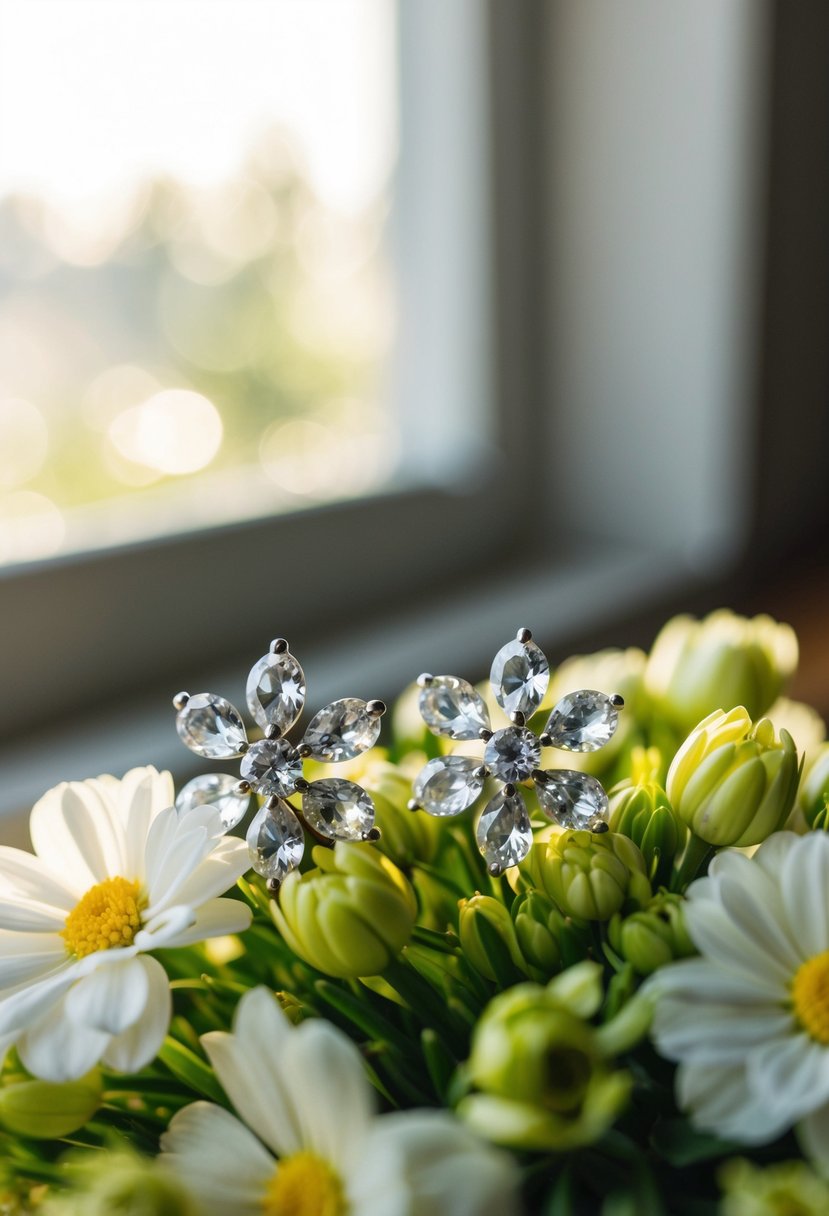 A pair of delicate crystal floral bridal earrings resting on a bed of fresh flowers, with soft sunlight streaming in from a nearby window