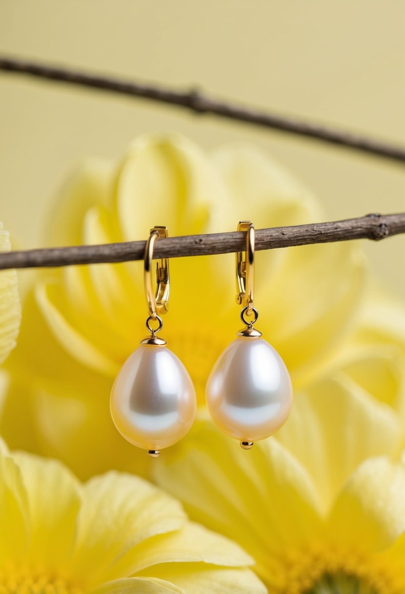 A close-up of yellow pearl drop earrings against a soft, buttercup-colored background