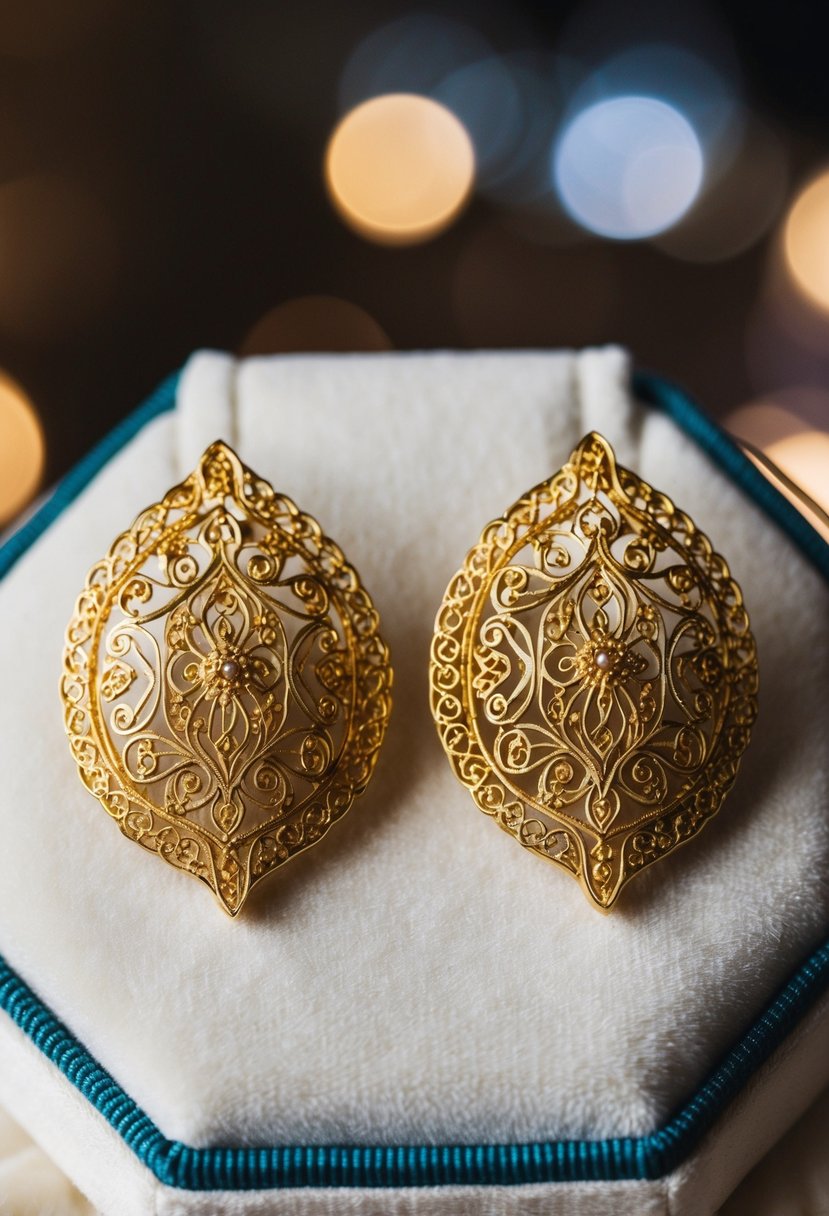 A pair of intricate yellow gold filigree earrings displayed on a velvet cushion, with soft lighting to highlight their delicate details