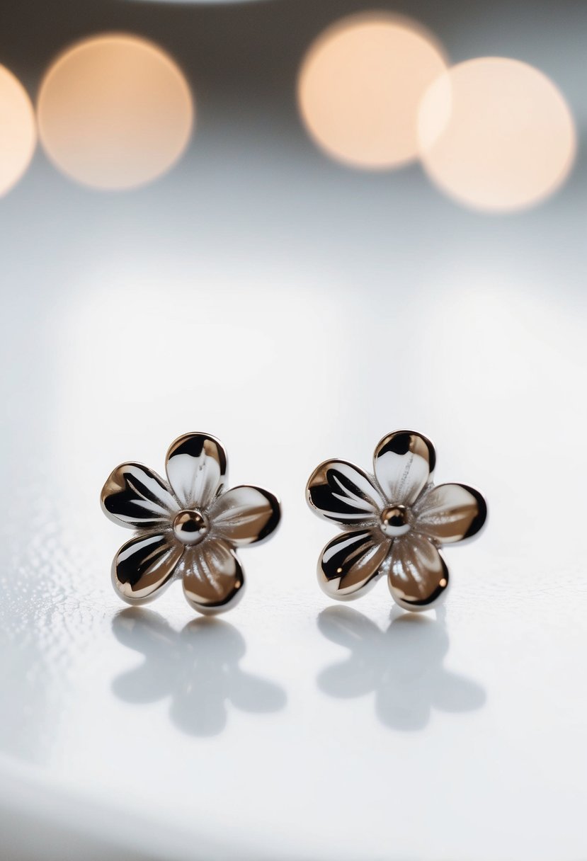 Two delicate silver flower studs on a clean white surface