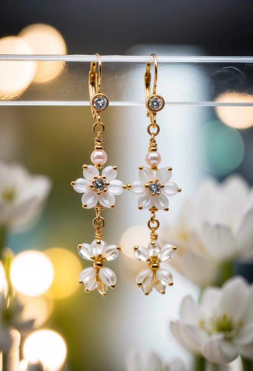 A pair of elegant floral beaded dangle earrings hanging from a display, with delicate petals and sparkling beads catching the light