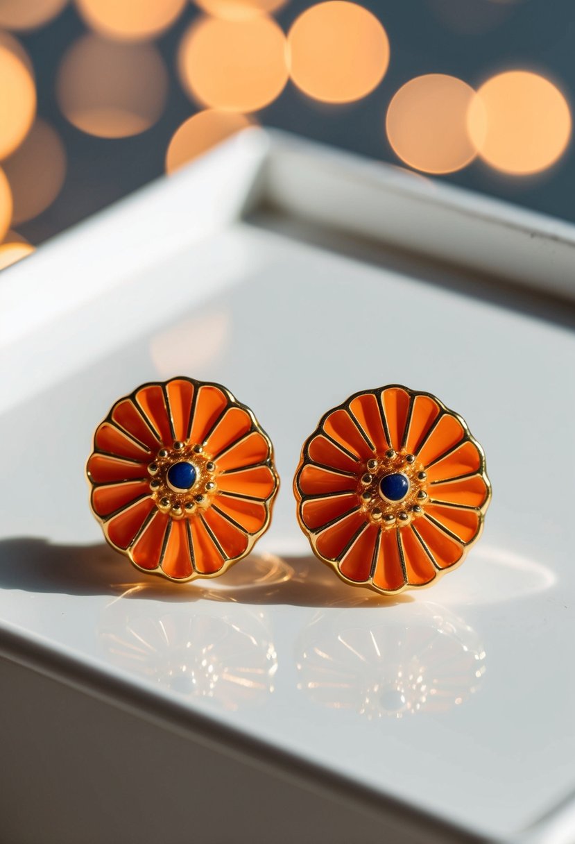 A pair of vibrant saffron enamel earrings displayed on a clean white background, catching the light and casting a warm, golden glow