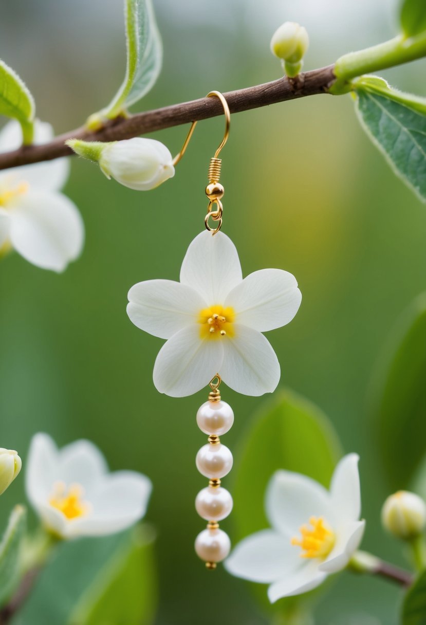 A delicate pearl flower strand hangs from a golden earring, surrounded by soft petals and leaves