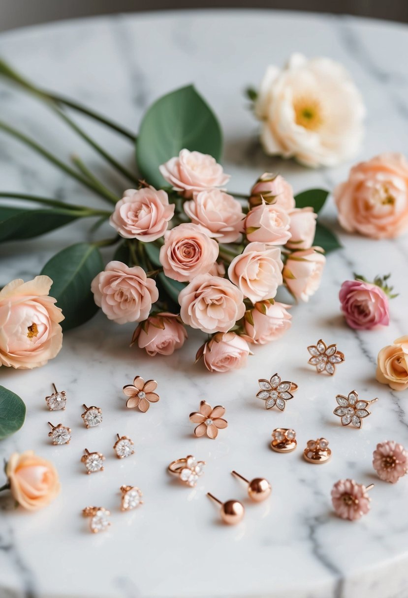 A bouquet of delicate rose gold flower posts arranged on a white marble surface, surrounded by various floral wedding earring designs