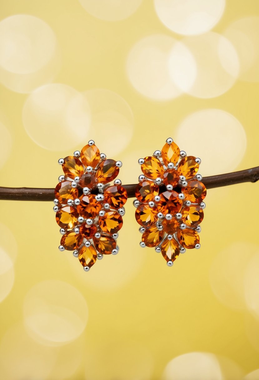 A close-up of a pair of sparkling amber cluster earrings against a soft yellow background, evoking a sense of elegance and sophistication