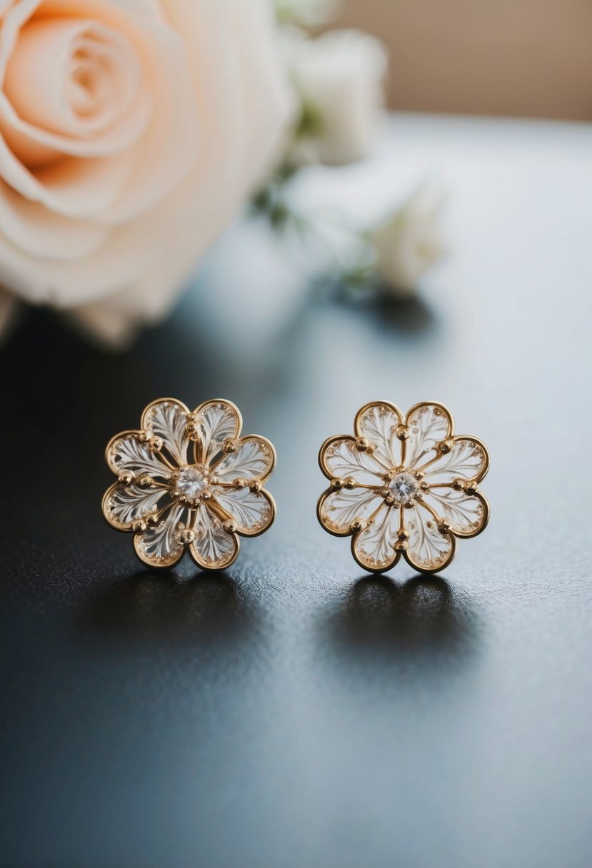 A close-up of delicate two-hole earrings featuring intricate floral designs, inspired by wedding flowers