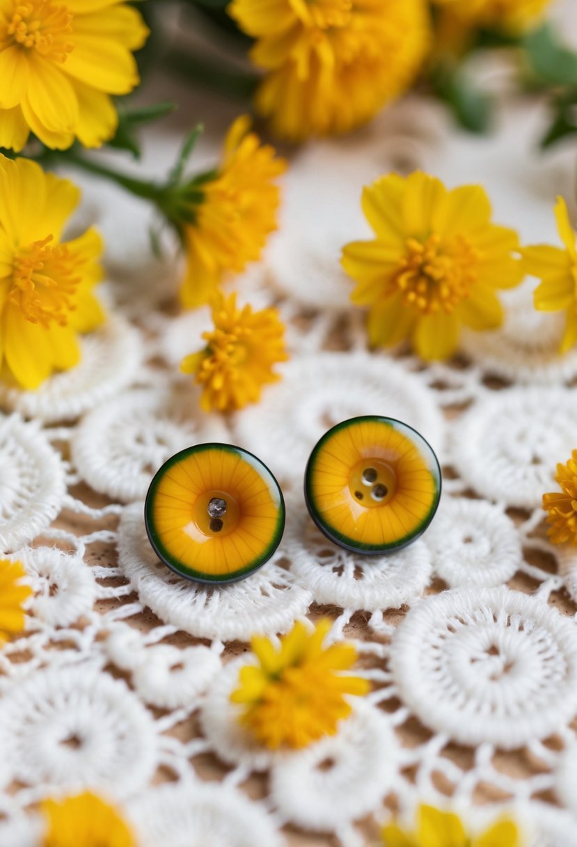 A close-up of two marigold button studs on a white lace background, surrounded by delicate yellow flowers