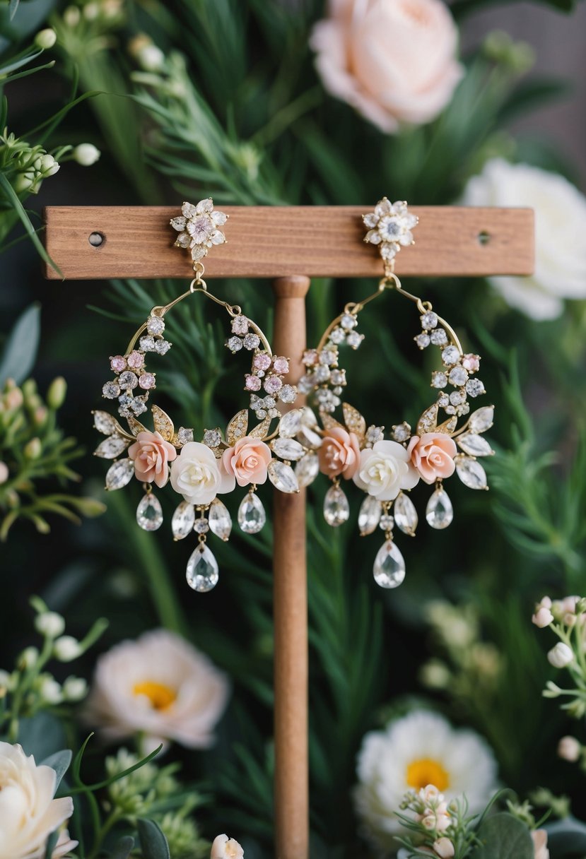 A pair of vintage-inspired floral chandelier earrings hanging from a rustic wooden display, surrounded by delicate blooms and greenery