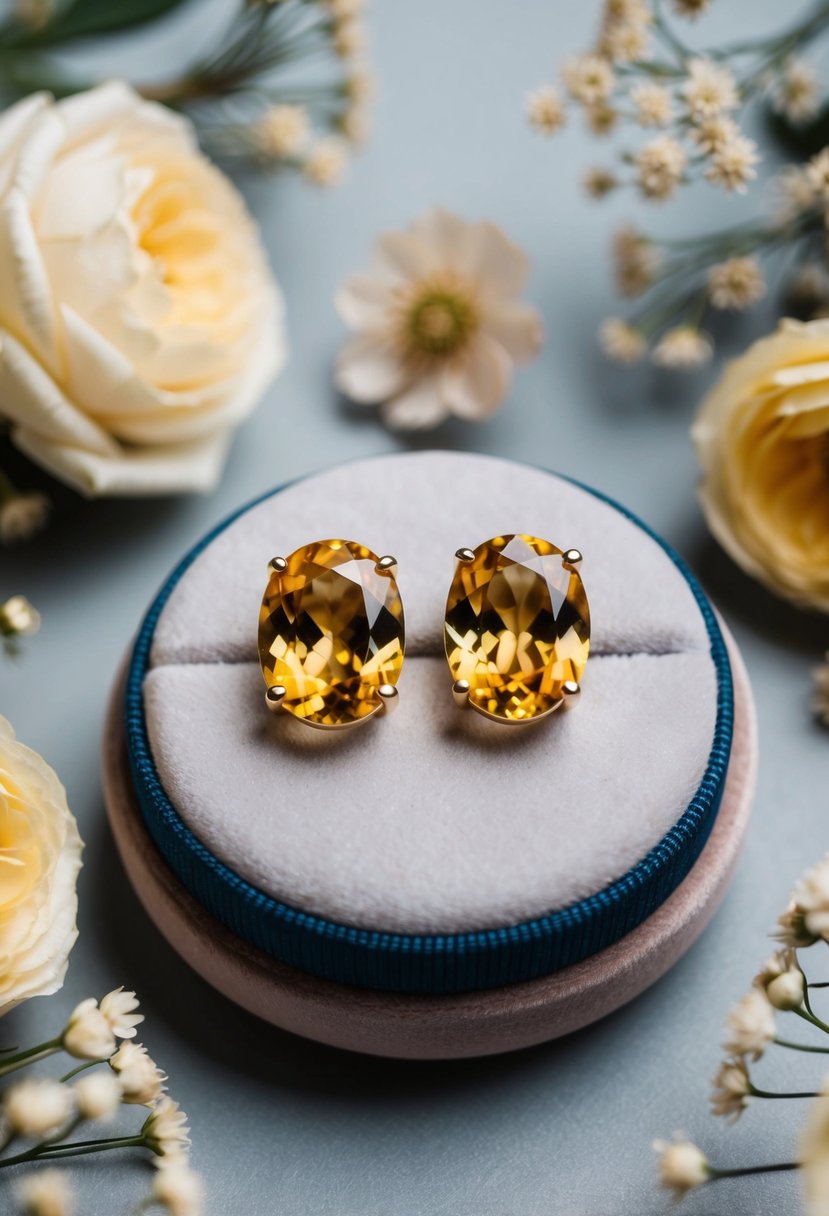 A pair of yellow citrine clip-on earrings displayed on a velvet cushion, surrounded by delicate floral arrangements and soft lighting