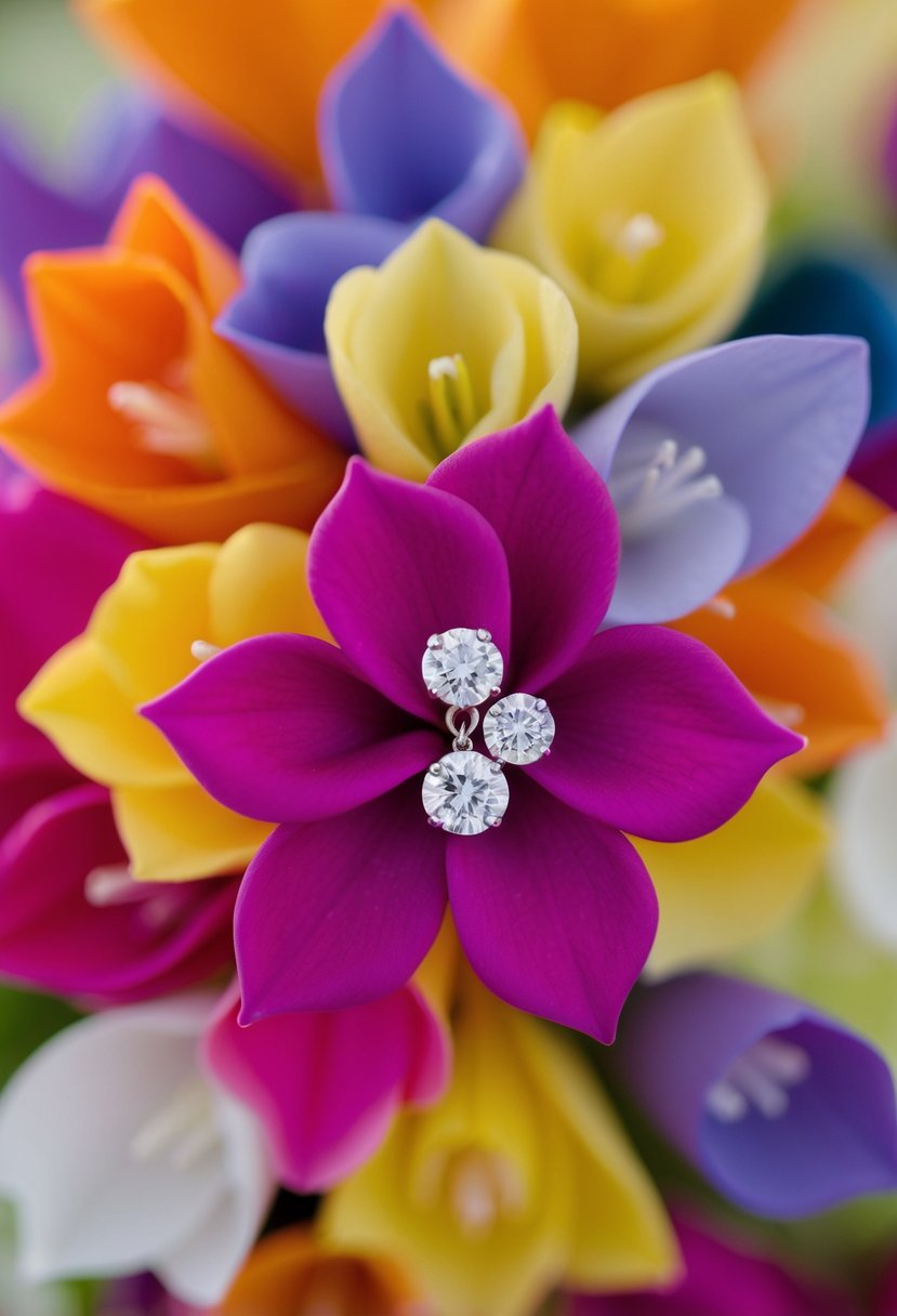 Vibrant abstract flower shapes intertwine with delicate wedding earrings