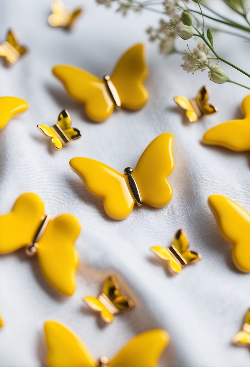 A close-up of yellow butterfly-shaped studs arranged on a white fabric background, surrounded by delicate floral accents