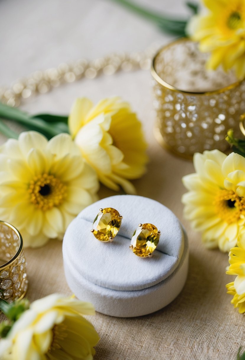 Two delicate canary gemstone earrings on a white velvet cushion, surrounded by soft yellow flowers and golden wedding decor