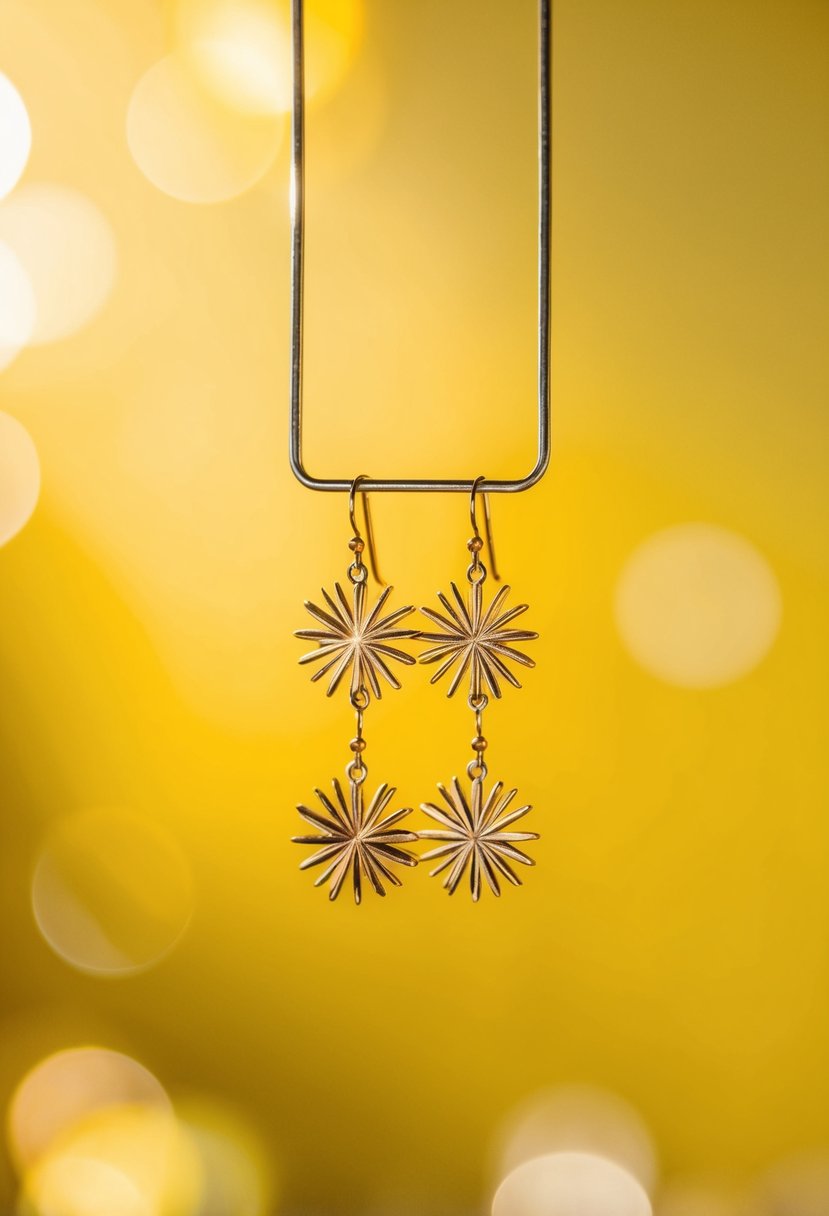 A golden sunburst earring suspended against a yellow background, casting a warm glow