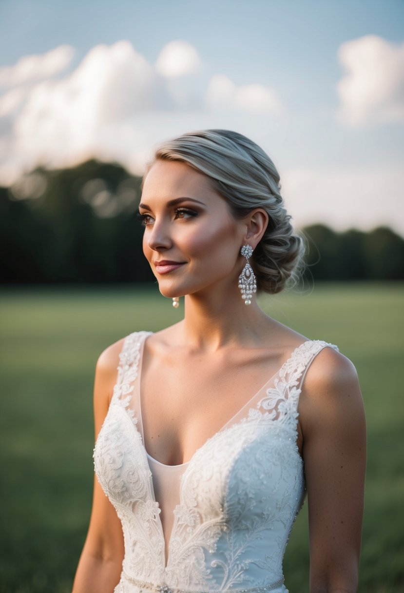 A v-neck wedding dress with dangling pearl earrings