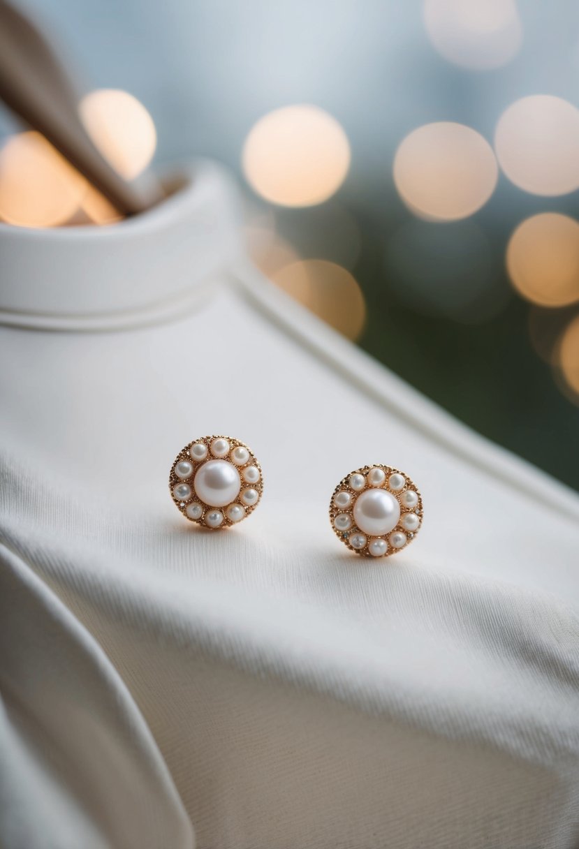 A pair of pearl stud earrings displayed next to a v-neck dress