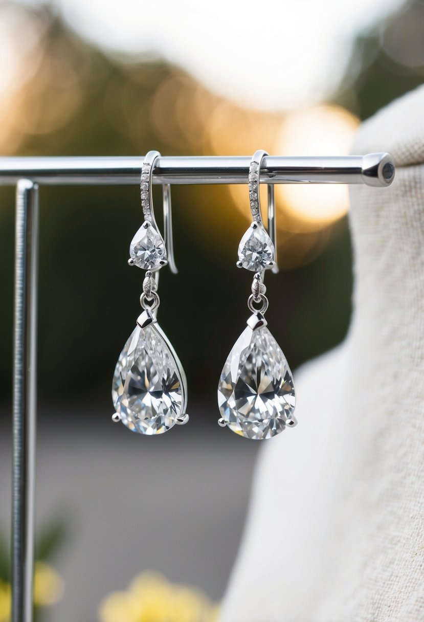 A pair of teardrop diamond earrings hanging from a jewelry stand beside a v-neck dress on a mannequin