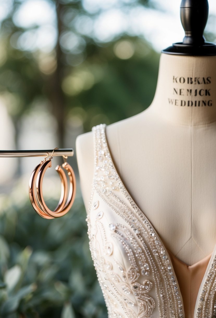 A pair of rose gold hoop earrings displayed next to a v-neck wedding dress