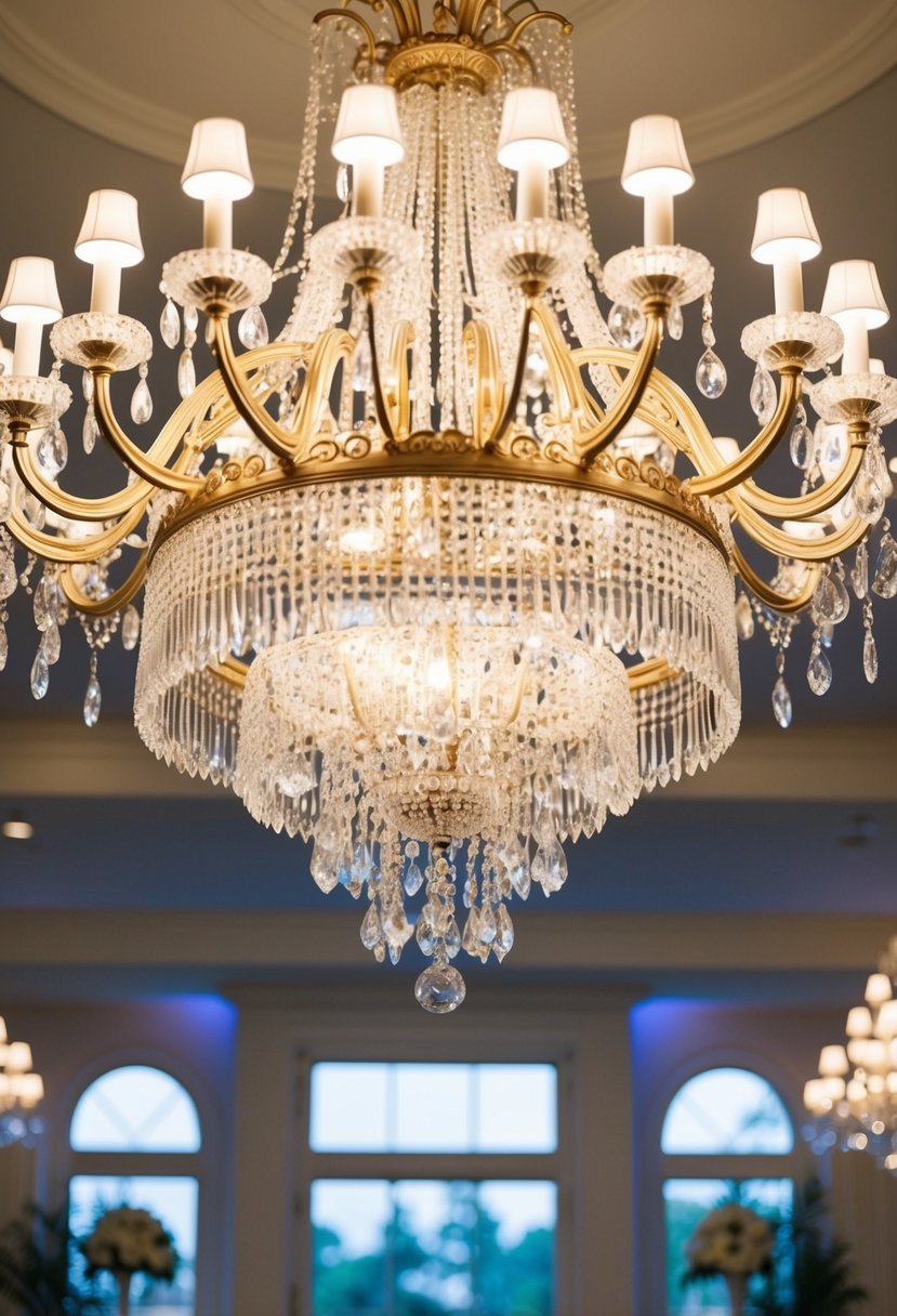 A grand chandelier illuminates a romantic wedding setting, adorned with elegant earring ideas for the bride