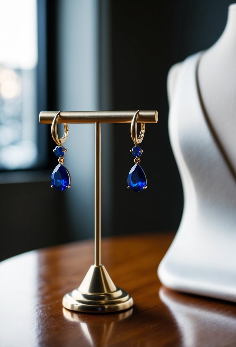 Sapphire drop earrings dangle from a delicate jewelry stand next to a v-neck dress on a polished wooden table