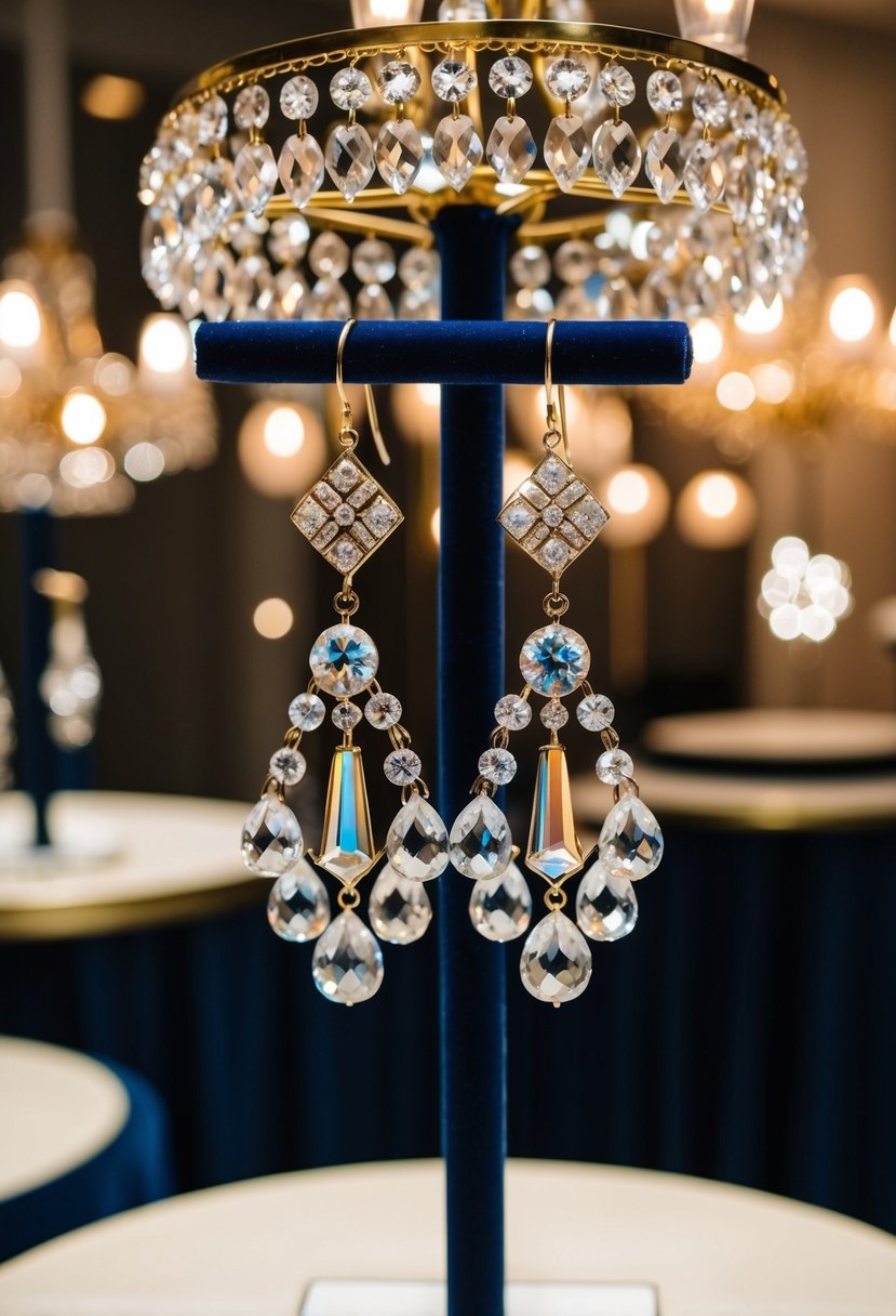 A pair of vintage crystal chandelier earrings hangs on a velvet display, catching the light in a luxurious setting