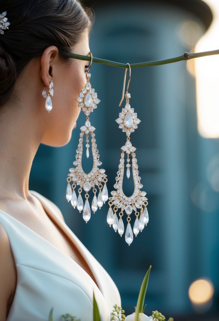 A pair of elegant chandelier earrings dangle gracefully against the backdrop of a v-neck dress, creating a stunning wedding ensemble