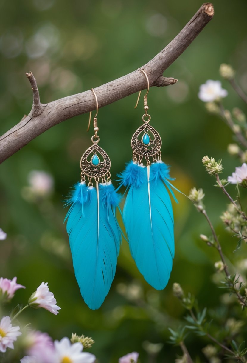 A pair of Bohemian feather chandelier earrings hanging from a rustic wooden branch, surrounded by delicate flowers and greenery