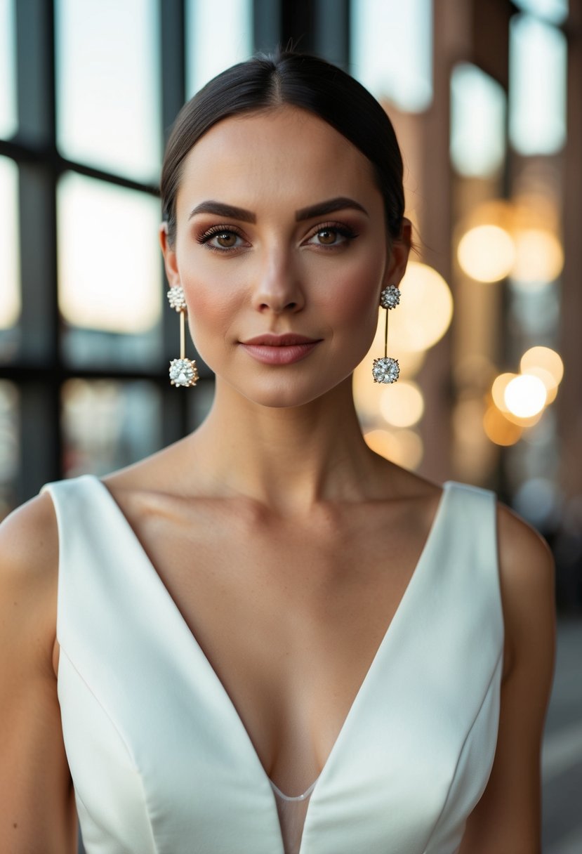 A v-neck dress with modern minimalist studs wedding earrings