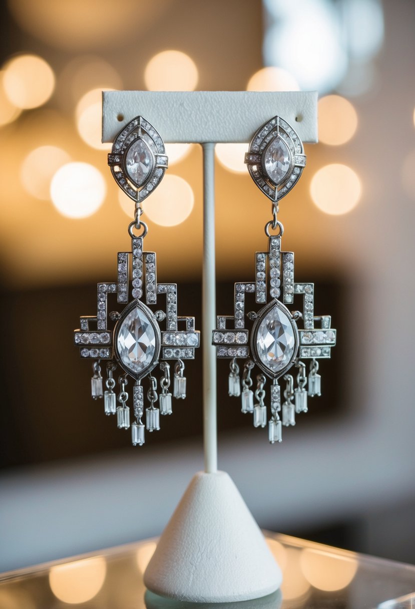 A pair of Art Deco chandelier earrings dangle from a display stand, surrounded by soft, romantic lighting