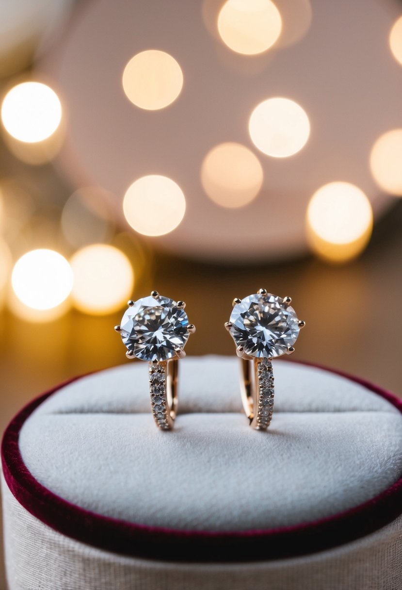 A sparkling pair of diamond wedding earrings displayed on a velvet cushion under soft, warm lighting