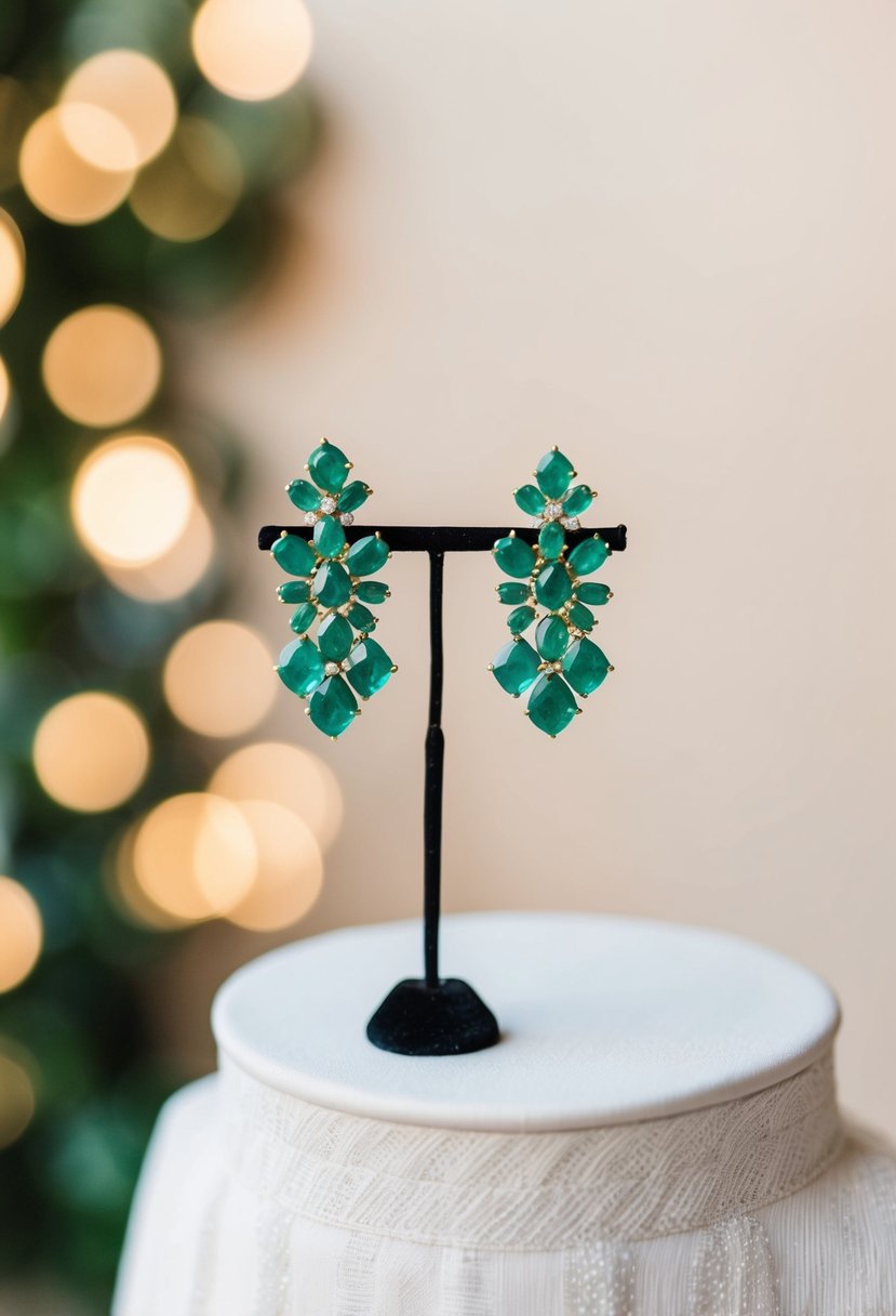 Emerald cluster earrings on a delicate stand, paired with a v-neck dress