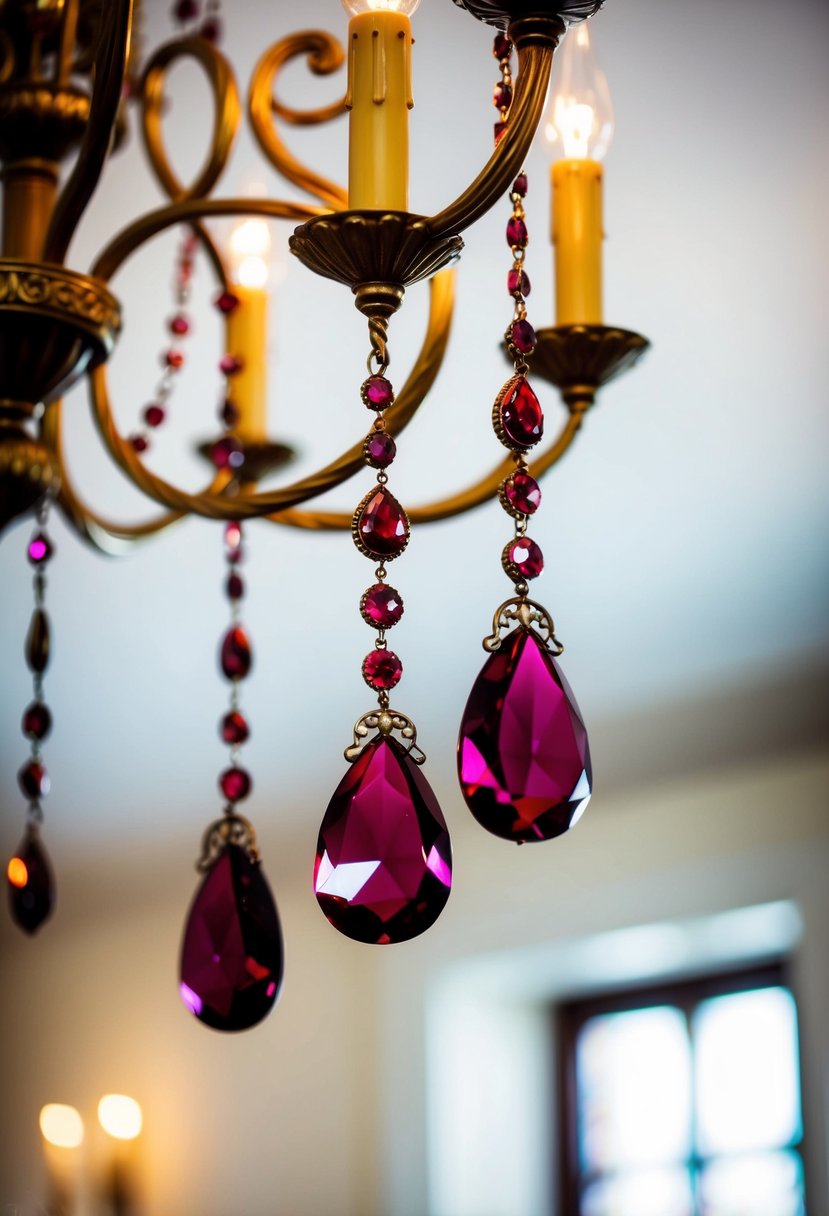 A Victorian chandelier adorned with garnet teardrop earrings, perfect for a wedding