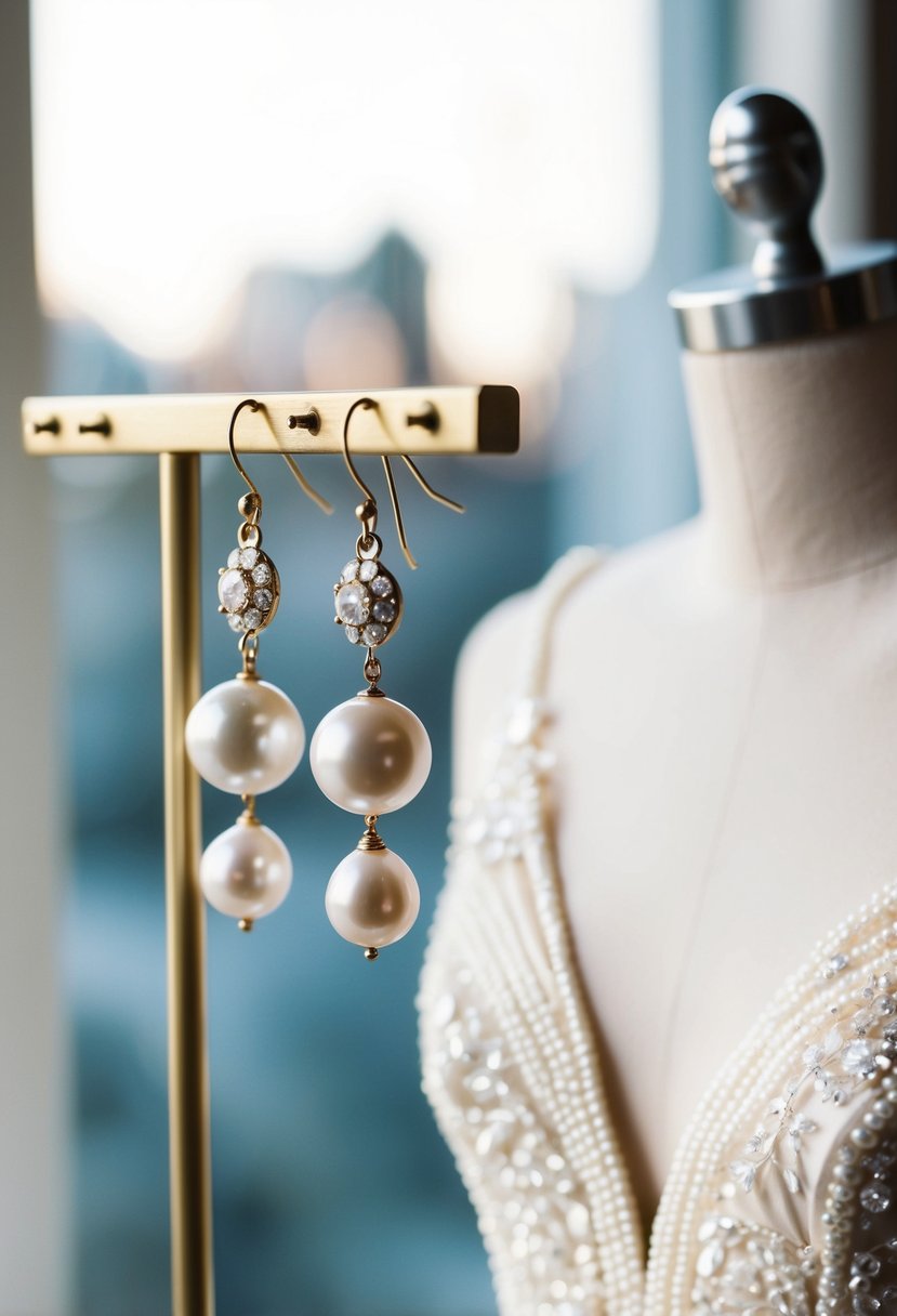 A pair of vintage pearl drop earrings hanging from a jewelry stand next to a v-neck wedding dress on a mannequin