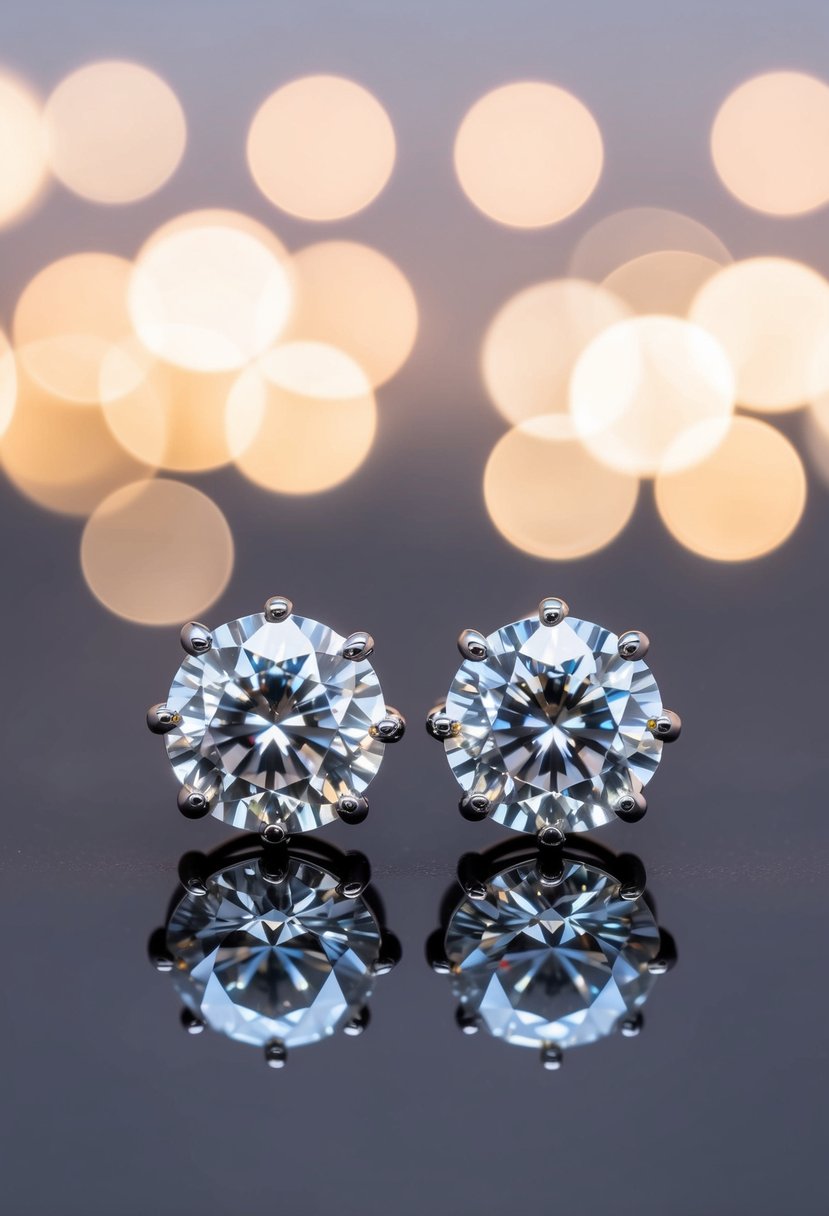 Two sparkling round-cut diamond studs set in elegant white gold, catching the light in a luxurious display of wedding earring ideas