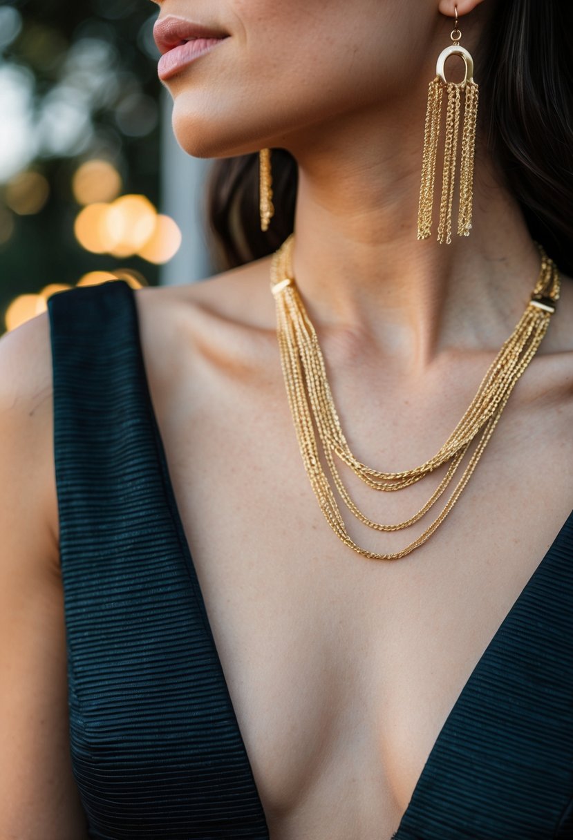 A pair of gold threader earrings dangling elegantly against the backdrop of a deep v-neck dress