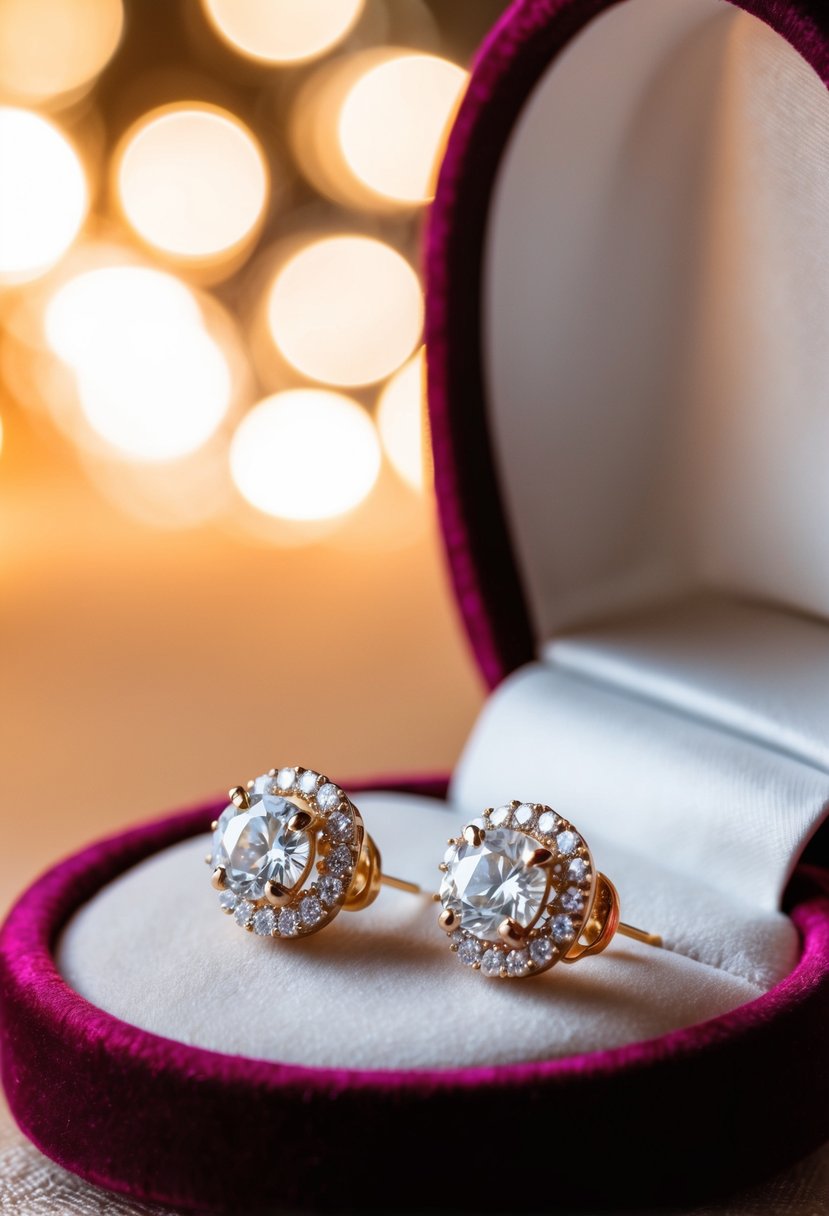 A pair of elegant halo diamond earrings displayed on a velvet cushion under soft, warm lighting