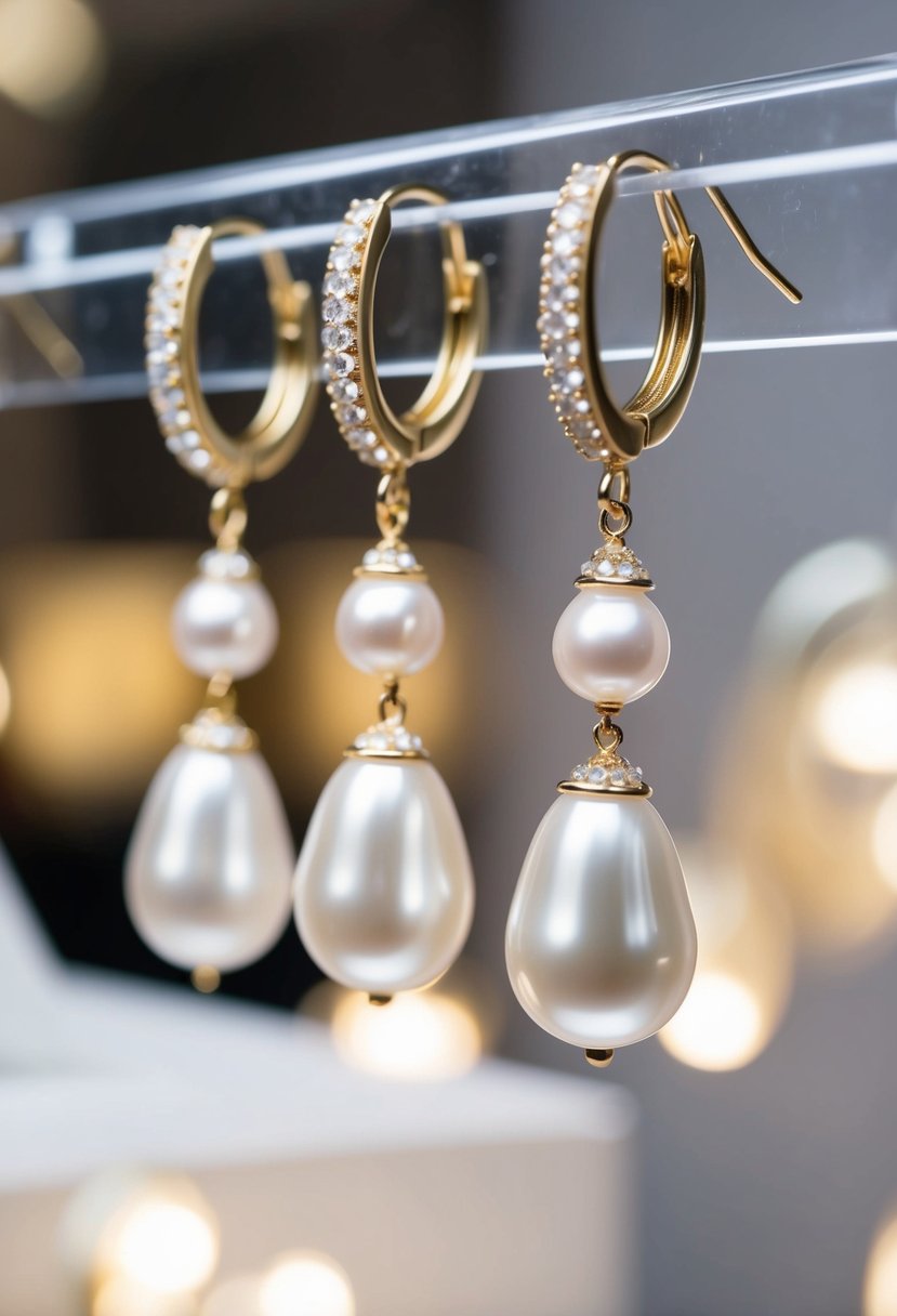 A close-up of pearl drop chandelier earrings hanging from a display, with soft lighting highlighting their elegant design