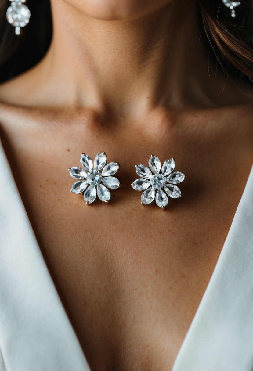 A pair of crystal floral studs sparkle against a deep v-neck dress