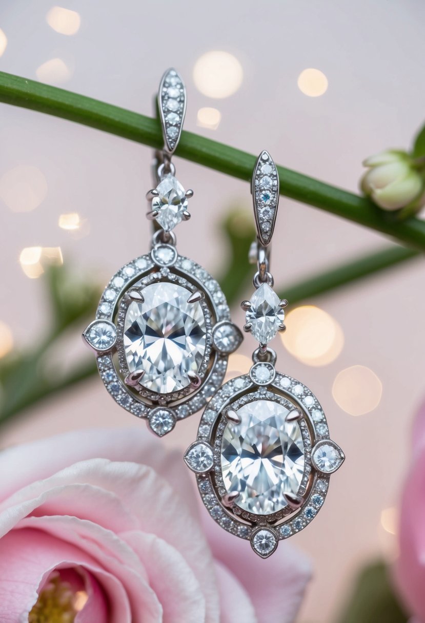 A close-up of vintage-inspired diamond drop earrings, with intricate details and sparkling gems, set against a soft, romantic background