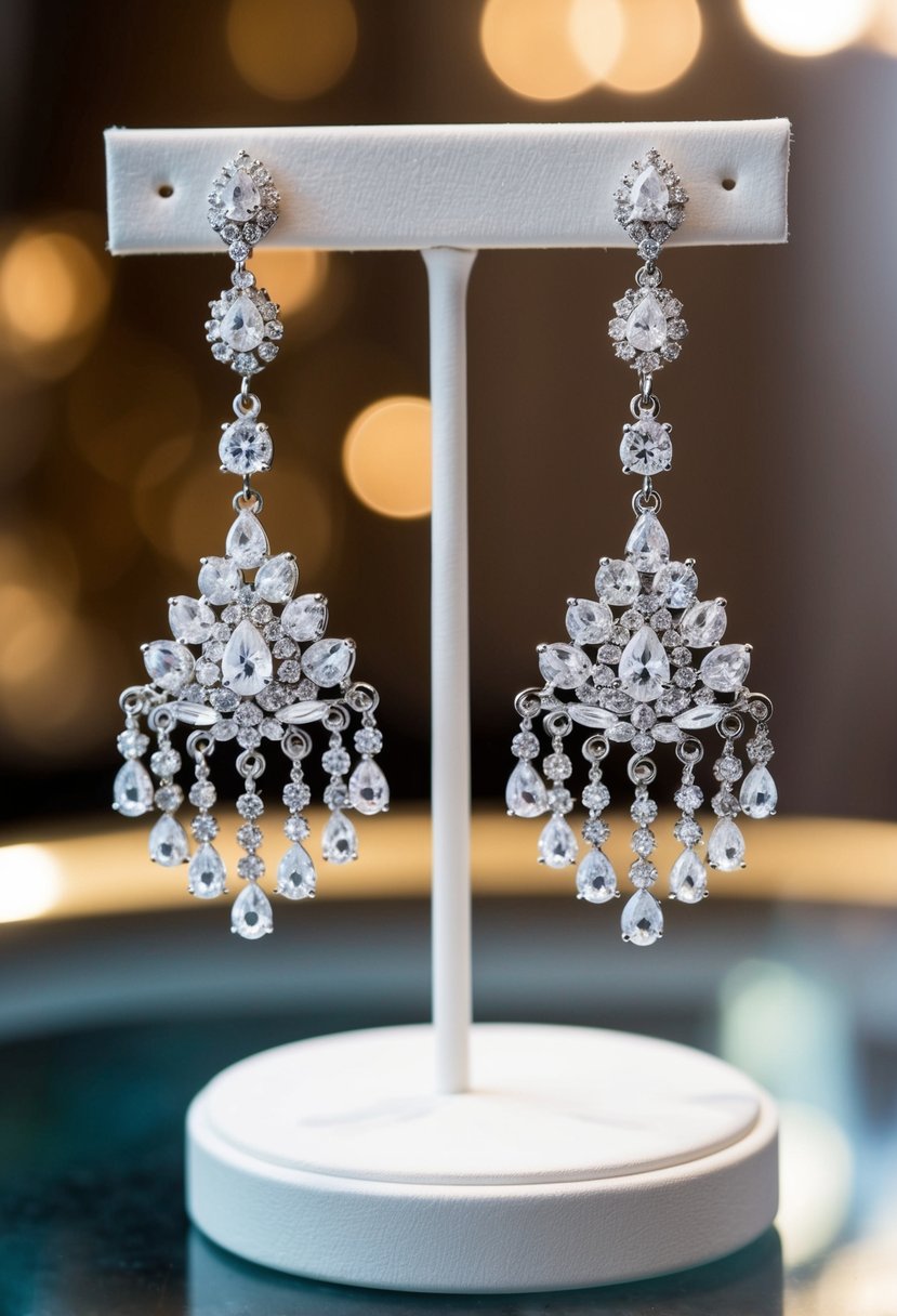 A pair of silver rhinestone chandelier earrings hanging from a display stand, catching the light and sparkling in a luxurious setting