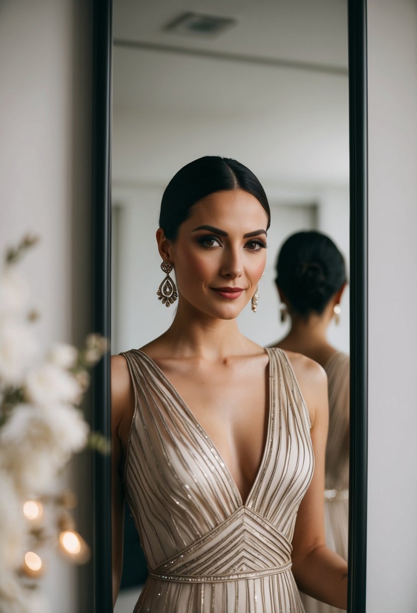 A woman wearing a v-neck dress with Art Deco dangle earrings, standing in front of a mirror