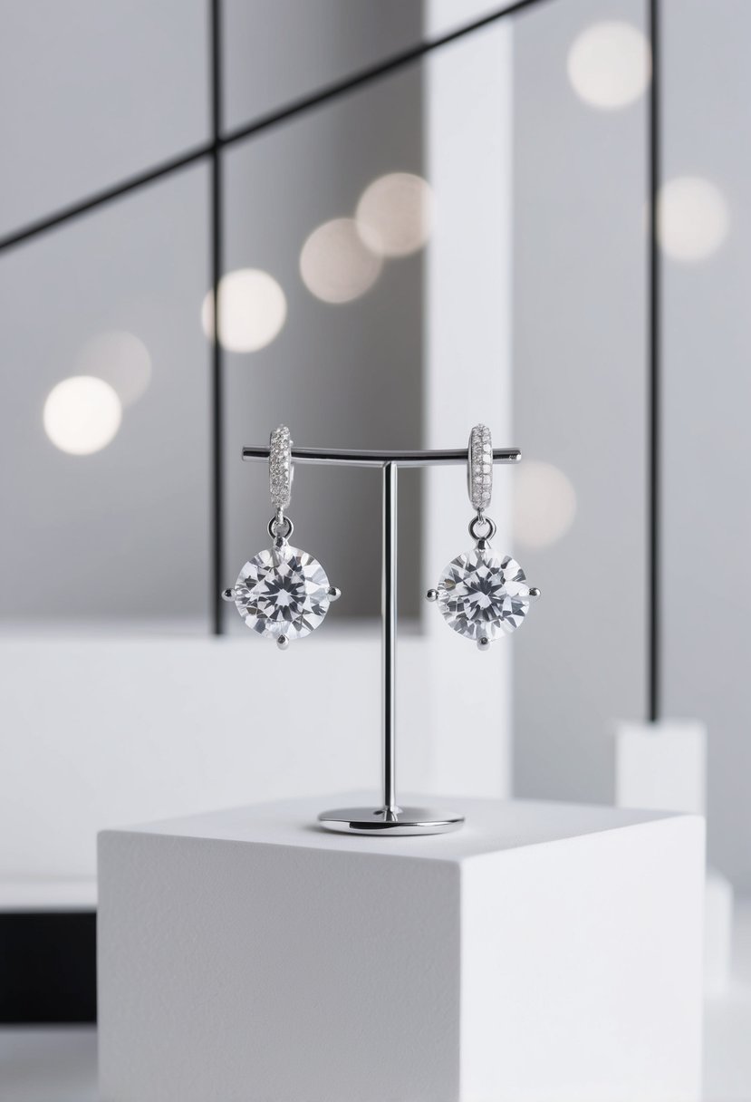 A sleek, modern diamond earring design displayed against a minimalist backdrop with clean lines and geometric shapes