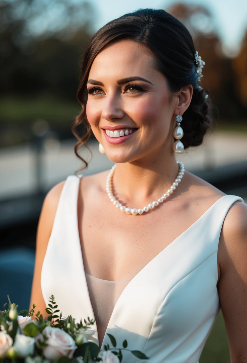 A bride wearing a v-neck dress with freshwater pearl earrings