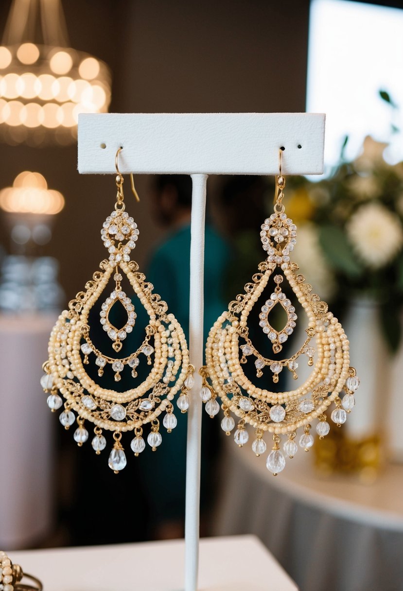 A pair of elegant chandelier earrings, adorned with intricate handmade beadwork, hanging from a display stand at a wedding boutique