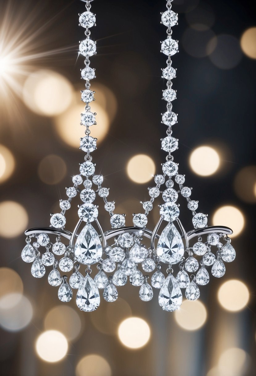 A pair of dazzling chandelier diamond earrings suspended in the air, catching the light and casting sparkling reflections all around