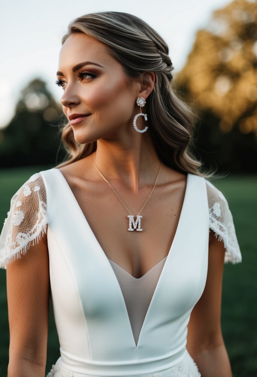 A v-neck dress with custom initial hoops wedding earrings