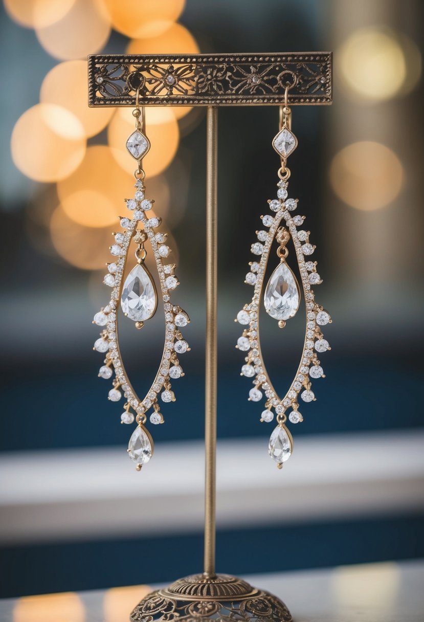 A pair of long dangling chandelier earrings hanging from a decorative stand, with intricate details and sparkling gemstones