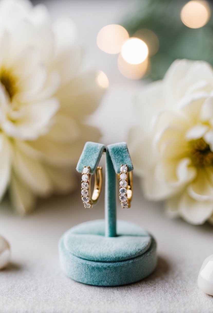 A small pair of diamond huggie earrings displayed on a velvet jewelry stand, surrounded by soft lighting and delicate floral accents